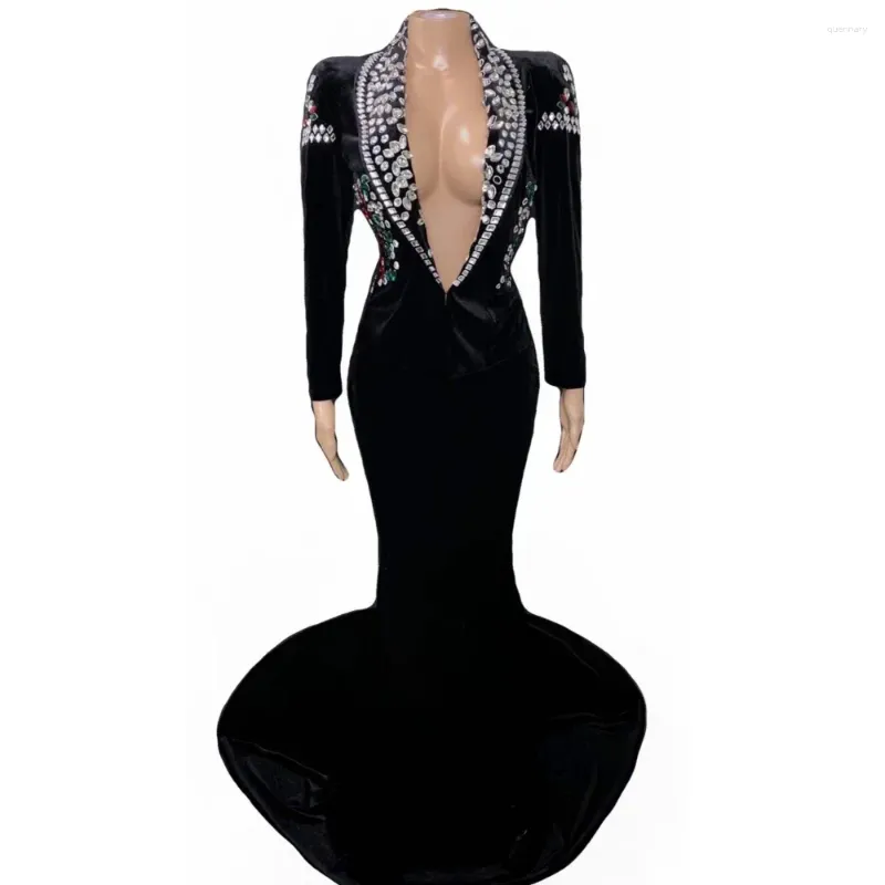 Palco desgaste preto sexy profundo decote em v cisne veludo cristal strass mulheres vestido longo casamento noite banquete festa roupas trajes