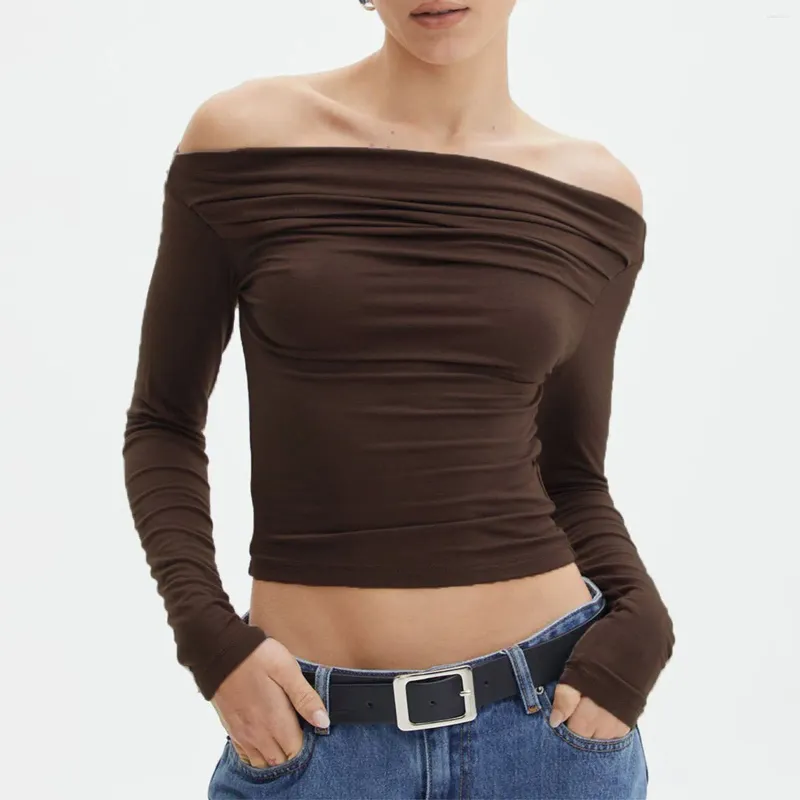 Camicette da donna Donna con spalle scoperte Crop Top Manica lunga con volant T-shirt Moda Pullover Autunno Inverno Streetwear T-shirt Donna elegante