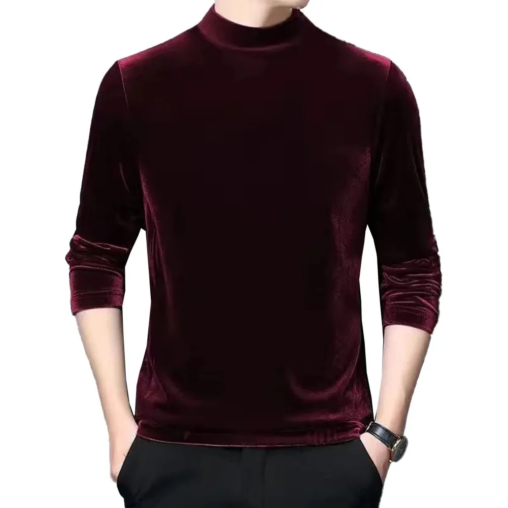 Mode männer Samt Hälfte Rollkragen T-shirts Pullover Einfarbig Langarm Jumper Schlank Bluse Tees Tops Männer Kleidung 240118