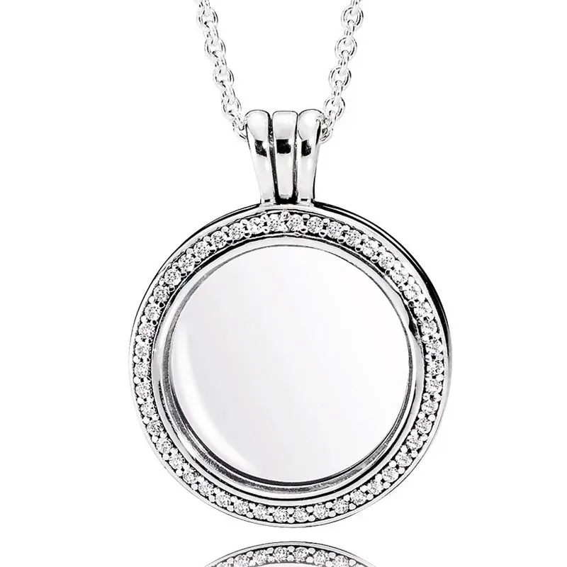 Halsband Original Moments Round Floating Lockets Crystal Necklace For Women 925 Sterling Silver Bead Charm Halsband Fashion Jewelry