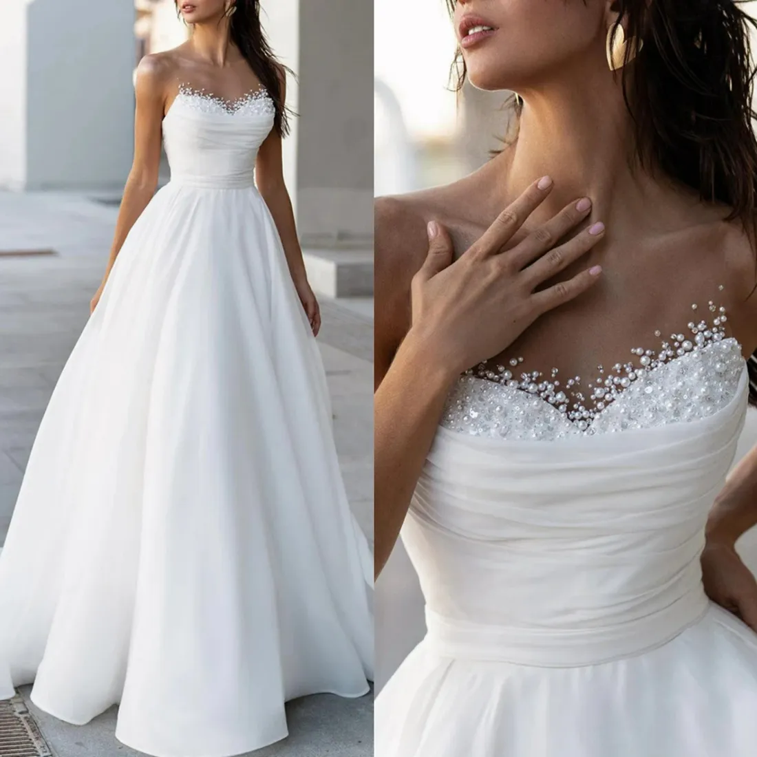 Vestidos de noiva linha A com decote transparente em camadas Organza frisada pérolas vestido de noiva drapeado para noiva trem de varredura para casamento para mulheres negras árabes africanas D130