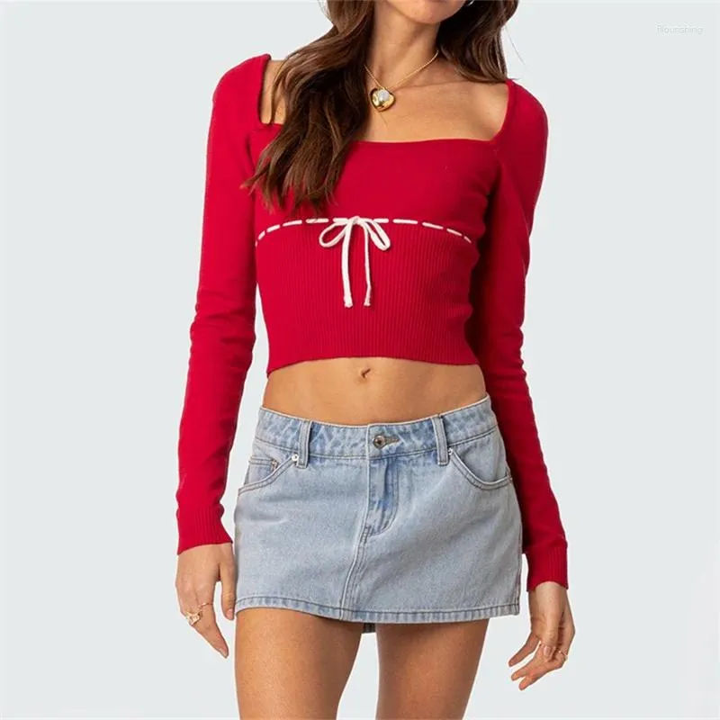 Women's T Shirts Y2k Vintgae T-shirt Long Sleeve Square Neck Contrast Color Tie-up Slim Fit Crop Top Aesthetic Fairy Grunge Pullovers