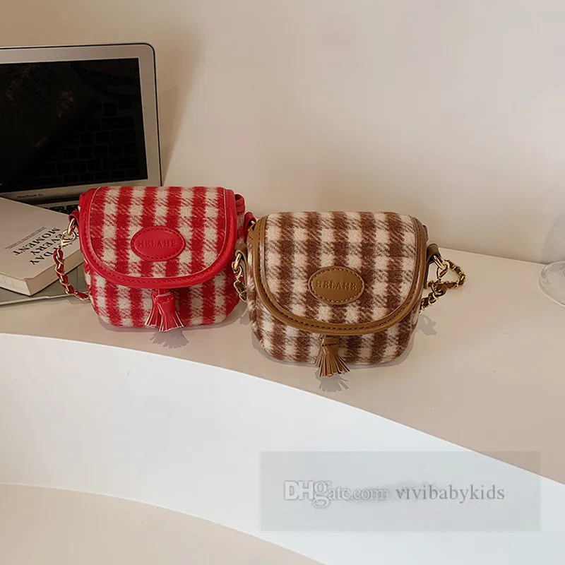 Crianças borla bolsas meninas ombro único xadrez sela saco moda mini bolsa crianças metais corrente sacos do mensageiro z6865