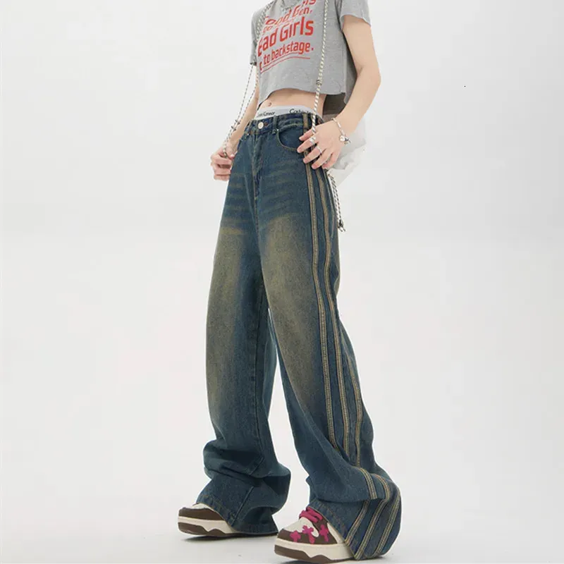 2023 Coréen Y2K Mode Côté Rayé Vintage Bleu Baggy Jeans Pantalon Pour Femmes Jambe Large Droite En Détresse Pantalon Élégant Dame 240118