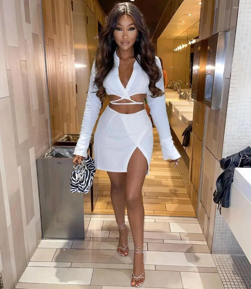 Work Dresses Sexy White Shirt Dress Set 2 Piece Outfits Streetwear V Neck Long Sleeve Bandage Crop Top Slit Wrap Mini Skirts Two