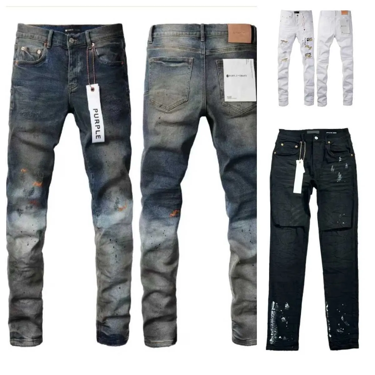 Mens Purple Designer Jeans Hole Skinny Motorcycle Chic Ripped Patchwork Fashion High Street New Hip Hop Wash Made Oldj4pn