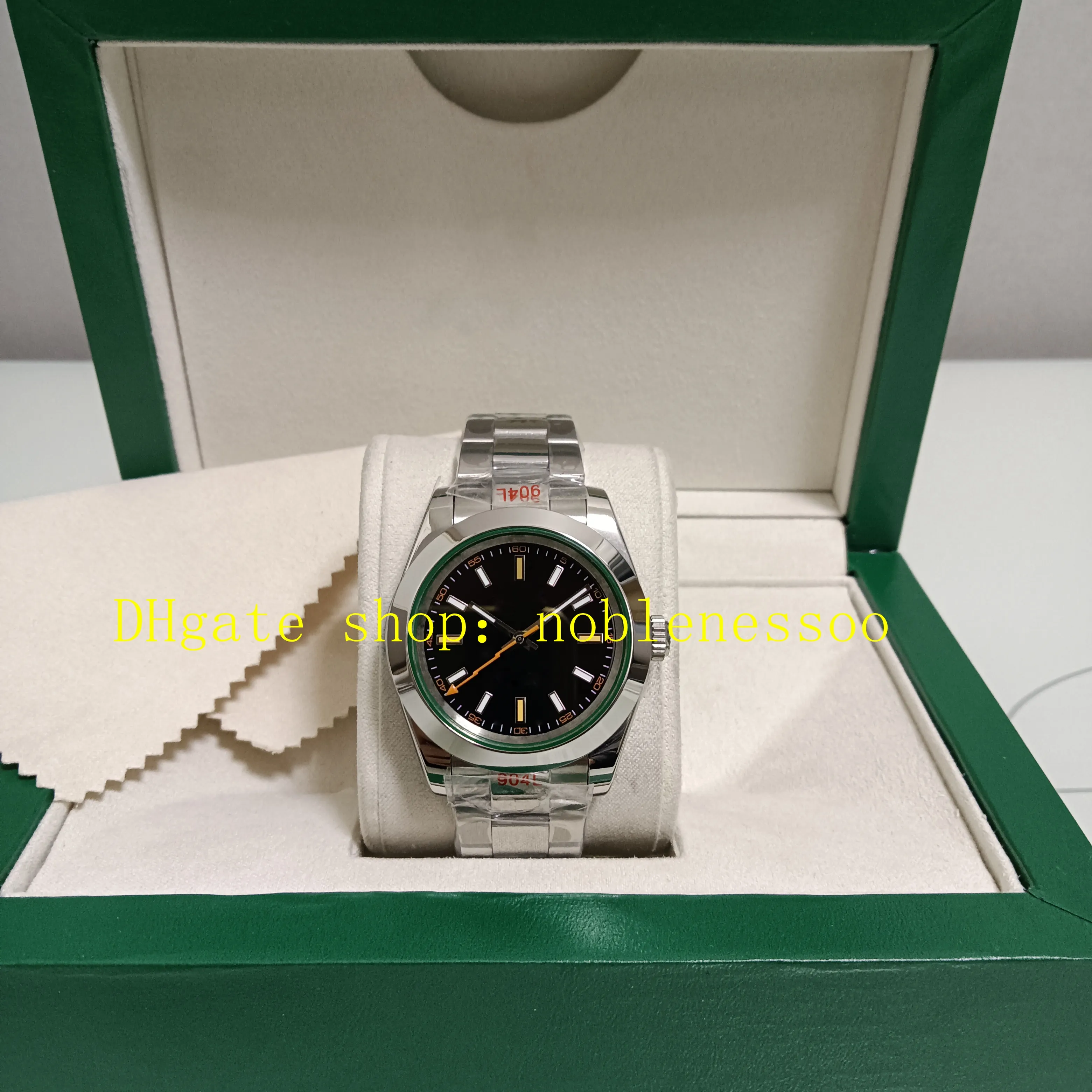 2 estilo com papéis de caixa assiste homens automáticos 40mm 116400 Dial preto Cristal verde 904L Pulpetuta de aço inoxidável