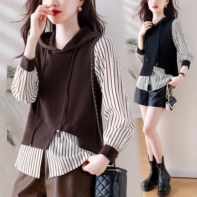2024 primavera edição coreana minimalista casual com capuz camisola de manga comprida/suéter de pelúcia pulôver falso duas peças para mulher