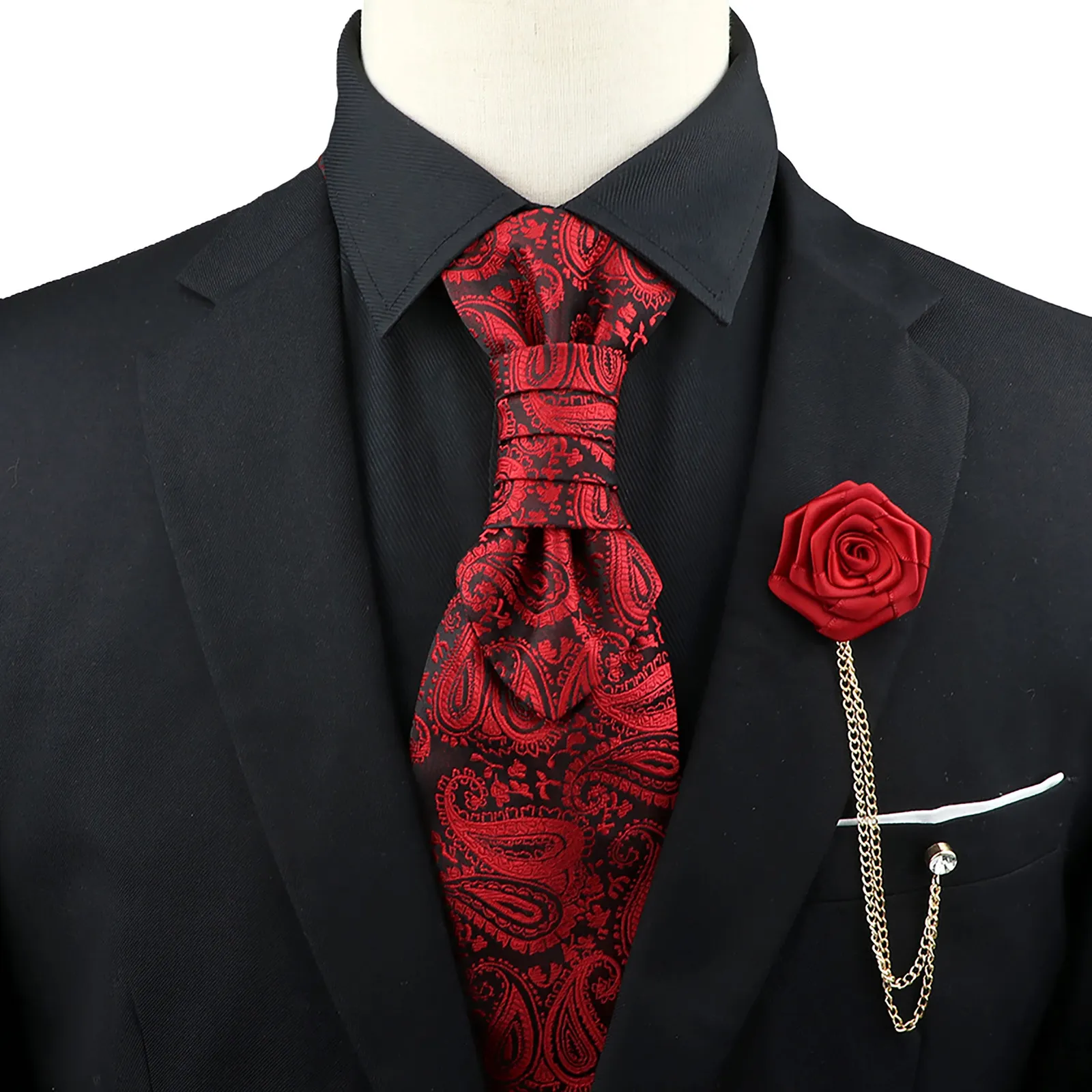 Mens Premium Paisley Tie Brooch Set Red Black Blue Ajustable Neck Luxury Classic Suit Tuxedo Groom Wedding Accessories 240122