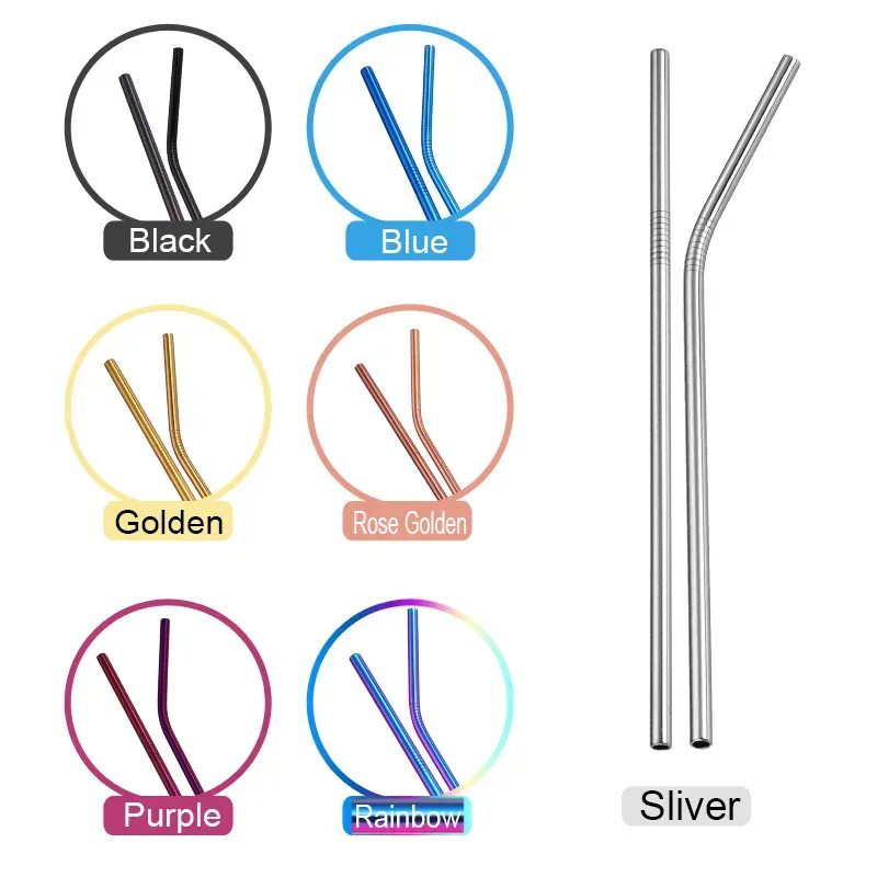 6*215mm/0.24*8.5inch 7 Colors Eco-friendly Reusable Metal Straw Sturdy Straight Bent Stainless Steel Drinking Straws Cocktail Party Juice LL