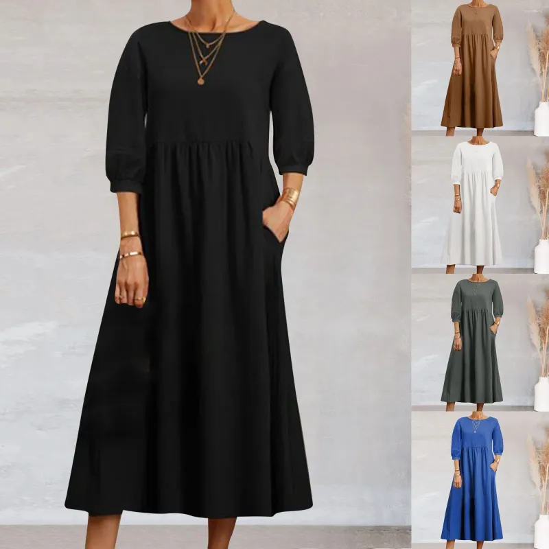 Casual Dresses Dress for Women 2024 Fashion Solid Cotton and Linen Long Sleeve With Pocket Loose Maxi