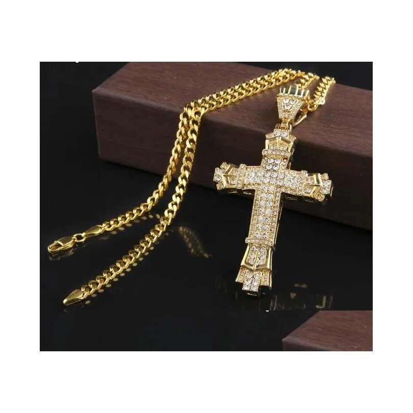 Pendant Necklaces New Retro Sier Cross Charm Fl Ice Out Cz Simated Diamonds Catholic Crucifix Necklace With Long Cuban Chain Gb Drop Dho3Y