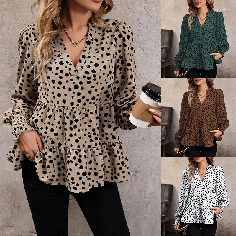 Women's Blouses 2024 Spring Fashion Long Sleeved Leopard Pattern Women Shirt Minimalist V-neck Female Blouse