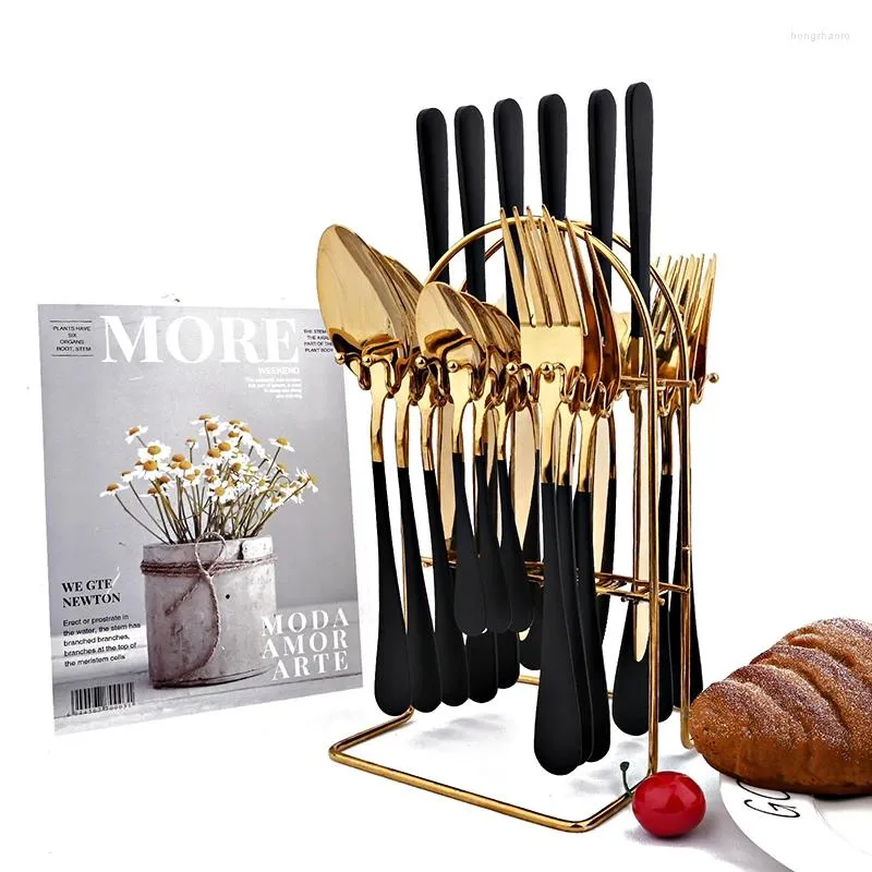 Servis uppsättningar 24st Black Gold Set rostfritt stål Tabellekknivgaffel Luxury Flatware Cotlery With Storage Rack