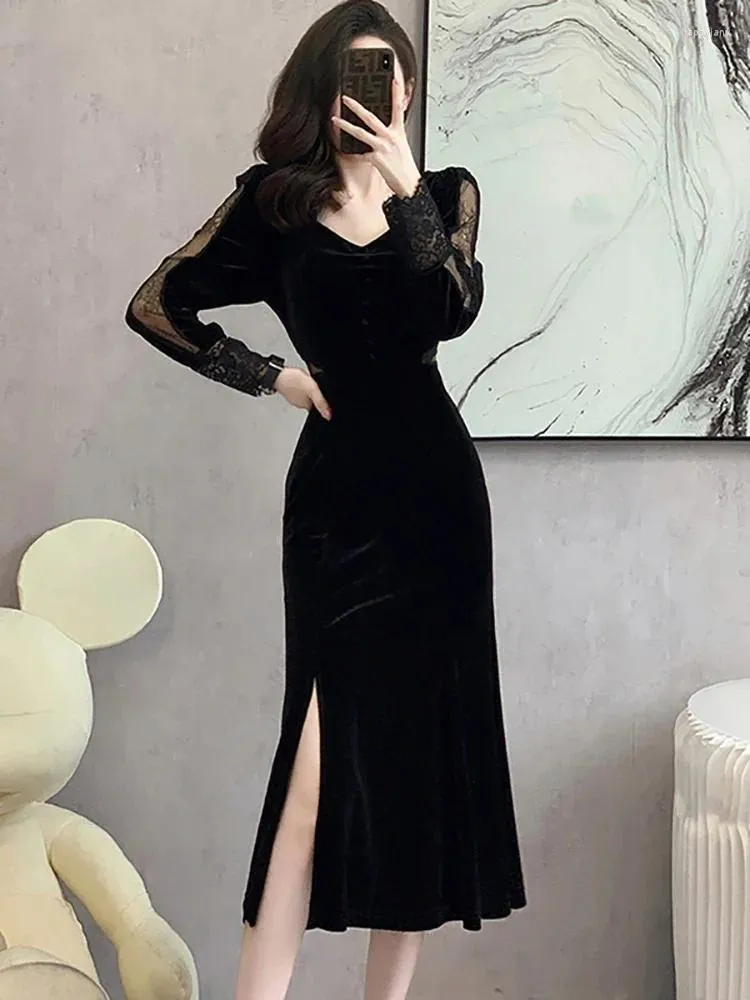 Abiti casual Autunno Inverno Velluto nero Chic Pizzo Abito lungo di lusso Donna Elegante ballo formale 2024 Festa aderente vintage coreana