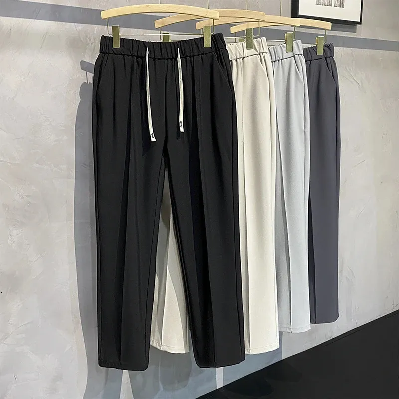 Outono moda masculina negócios calças casuais solto em linha reta sólida cintura elástica tornozelo comprimento calças preto cáqui roupas de marca 240124