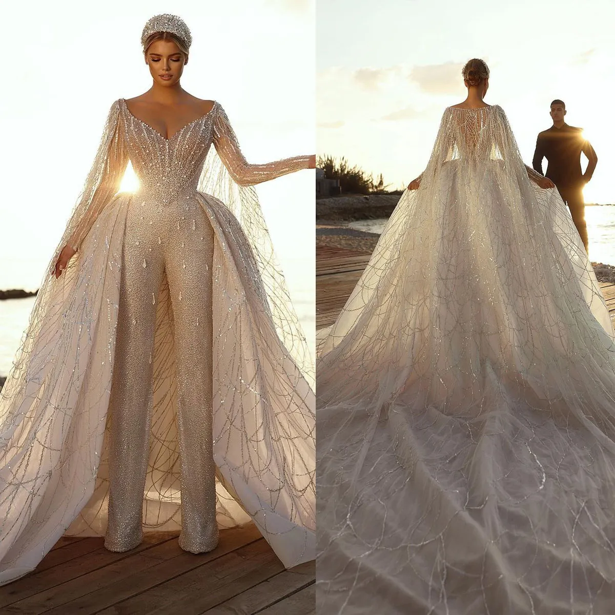 Elegant Sequined Jumpsuit Wedding Dress Custom Made Long Sleeve Lace Crystal Bridal Gown With Detachable Train From Manweisi 213.57 DHgate.Com