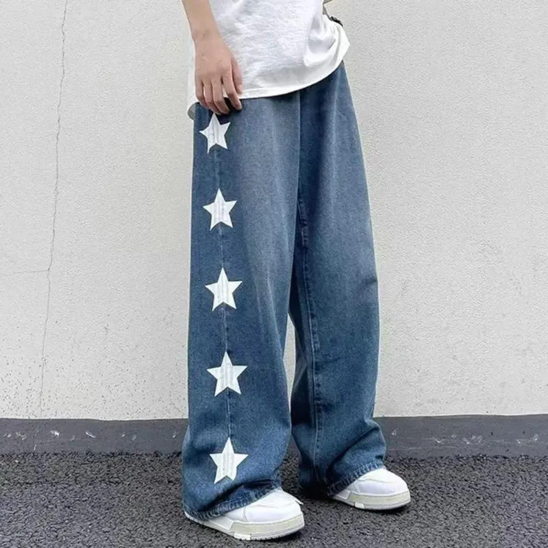 Erkek pantolon erkek kot pantolon geniş bacak düz gevşek yıldız baskı tam uzunlukta düz renkli cepler düğmesi fermuar kapanma yumuşak retro sokak kıyafeti lon