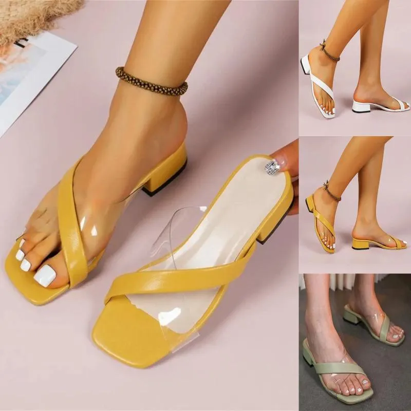 Sandals Fashion Summer Women Chunky Heel Low Square Toe Transparent Trendy For Womens Size 11