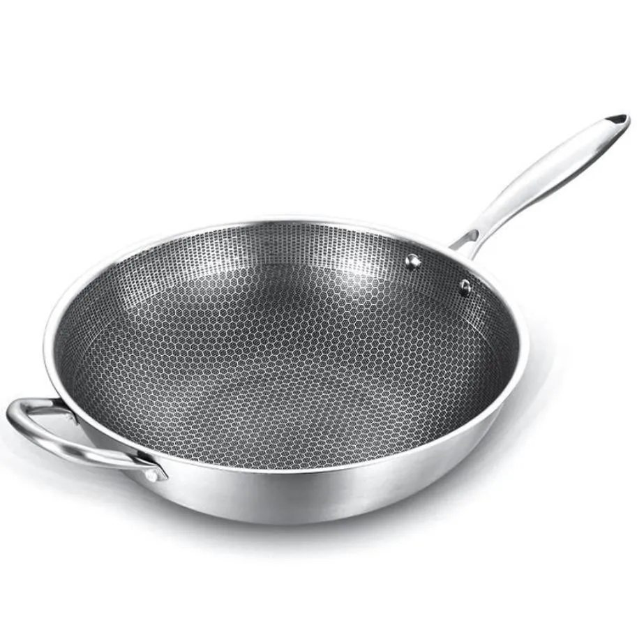 Padella rivestita Wok antiaderente Wok in acciaio inox 304 Padelle con manico Cottura cucina Pentole3502