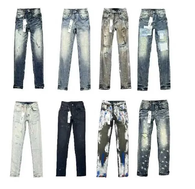 Herren Designer Hip Hop Patchwork Zerrissene Jeans Lässige Slim Stretch Motorrad Street Wash Verblasst Old Fashion Neuer Trend Lila Hosen