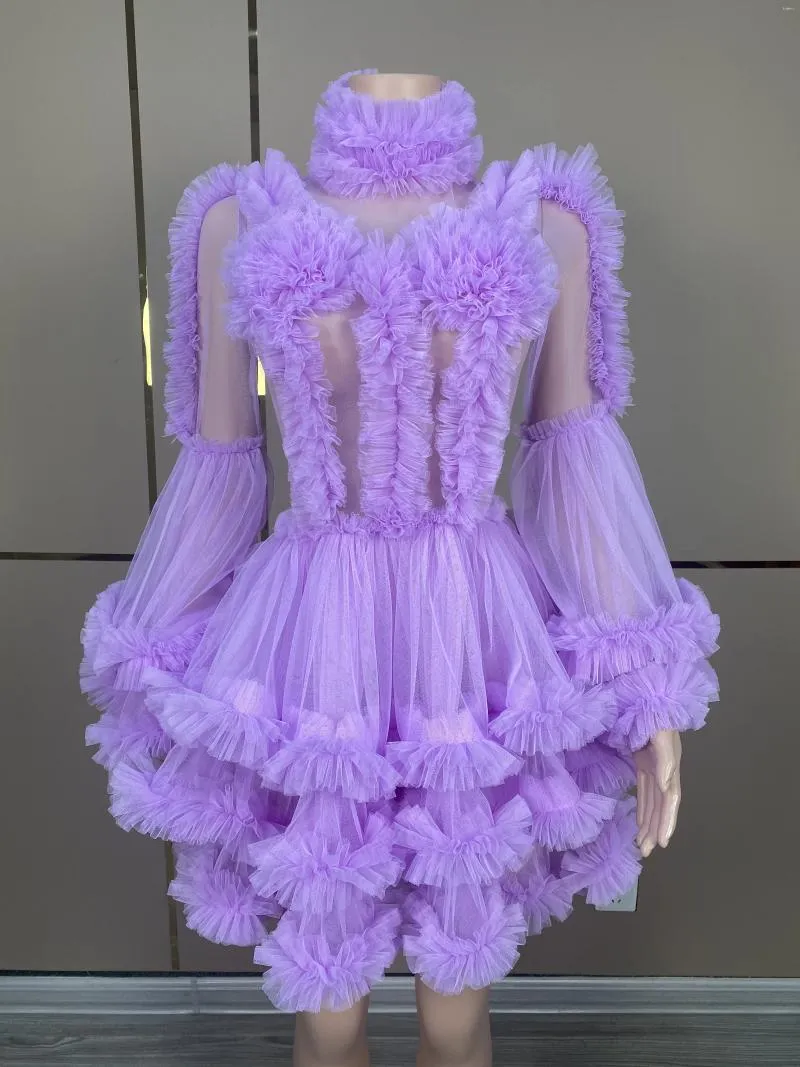 Scene Wear Purple Red Mesh långa ärmar Sexig klänning kvinnlig sångare dansperspektiv outfit födelsedag firar kostym