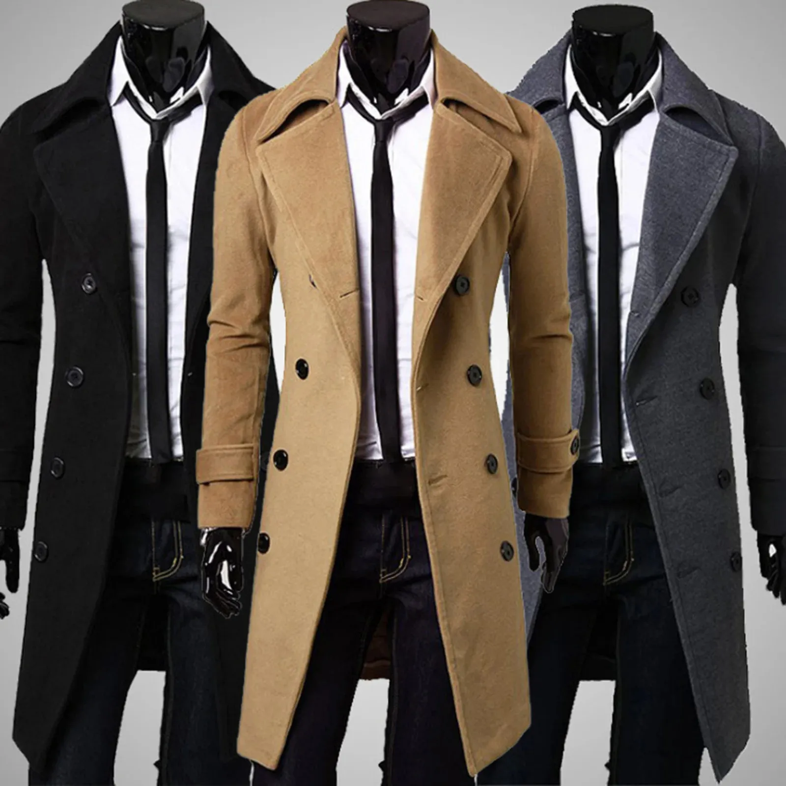 Outono inverno longo trench coat duplo breasted cor sólida comprimento médio à prova de vento grosso britânico fino jaqueta gabardina hombre 240124