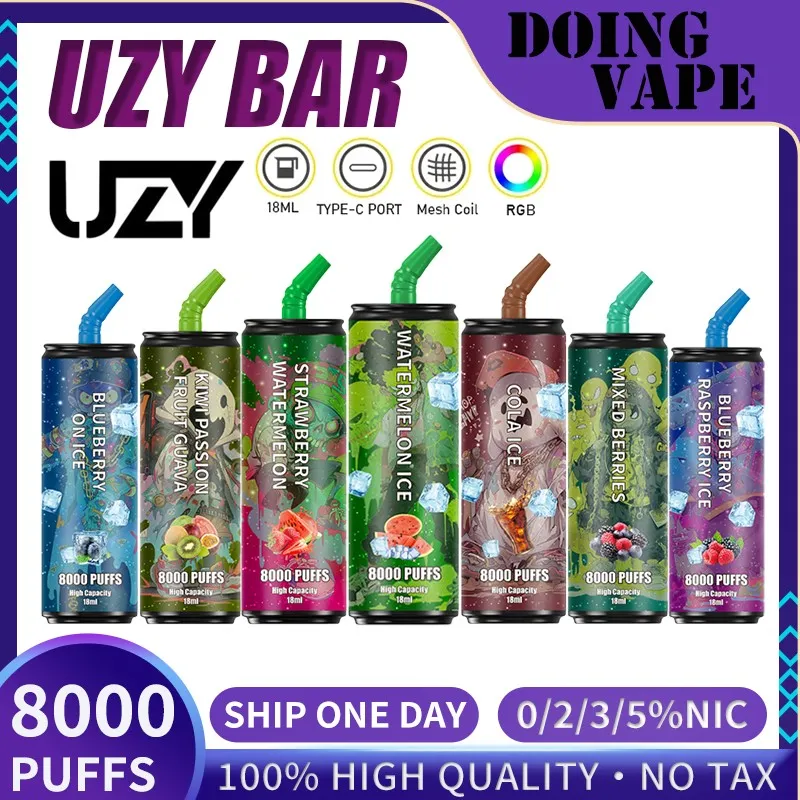 Original UZY Bar 8000 Puff Disposable E Cigarettes 18ml Pod Battery Rechargeable Electronic Cigs Puff 8K 24-hour shipping Disposable Vape Kit Customizable