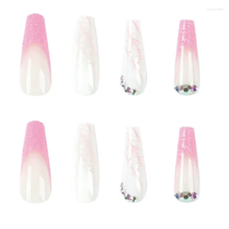 False Nails 24 Pcs Full Cover Long Press On French Tip Fake With Rhinestones