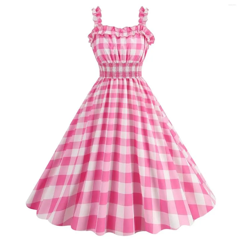 Casual Dresses 2024 Women Sexy Slim Print Polka Dot Pink Camisole Vintage Big Hem Slip Dress Elegant Ladies Spaghetti Strap Knee Length