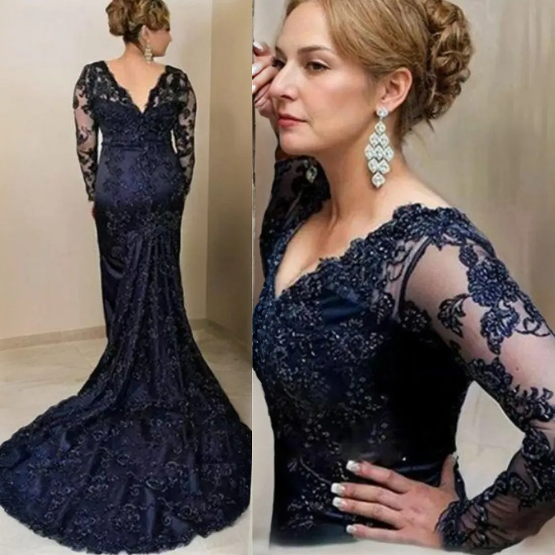 Royal Blue Mother of the Bride Gowns Long Sleeves V Neck Mother's Dress Floor Length for Marriage Beaded Lace Bride Gowns for African Groom Black Women MD022