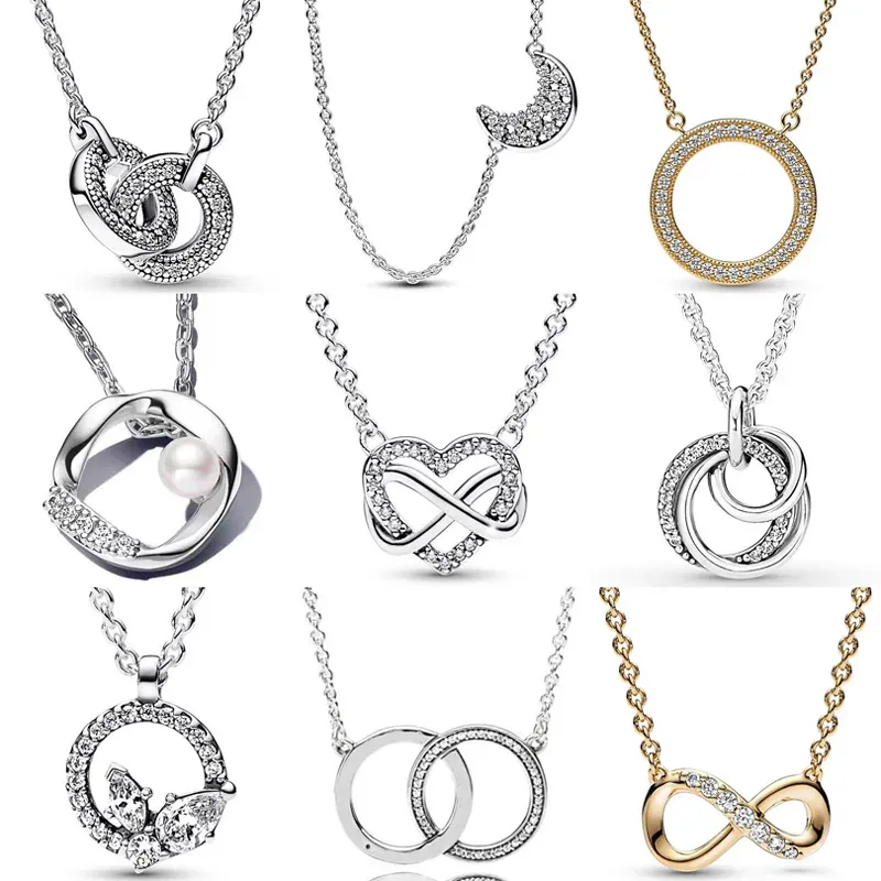 Colliers Authentique 925 en argent sterling coeurs entrelacés cercle pavé lune famille toujours collier infini pour les femmes bijoux de mode