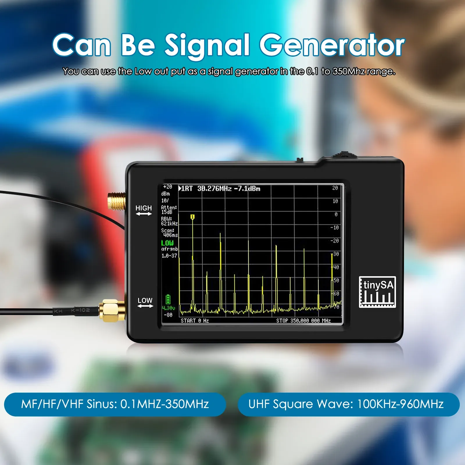 Portable TinySA Spectrum Analyzer Handheld Tiny Frequency Analyzer 100kHz to 960MHz MF/HF/VHF UHF Input Signal Generator
