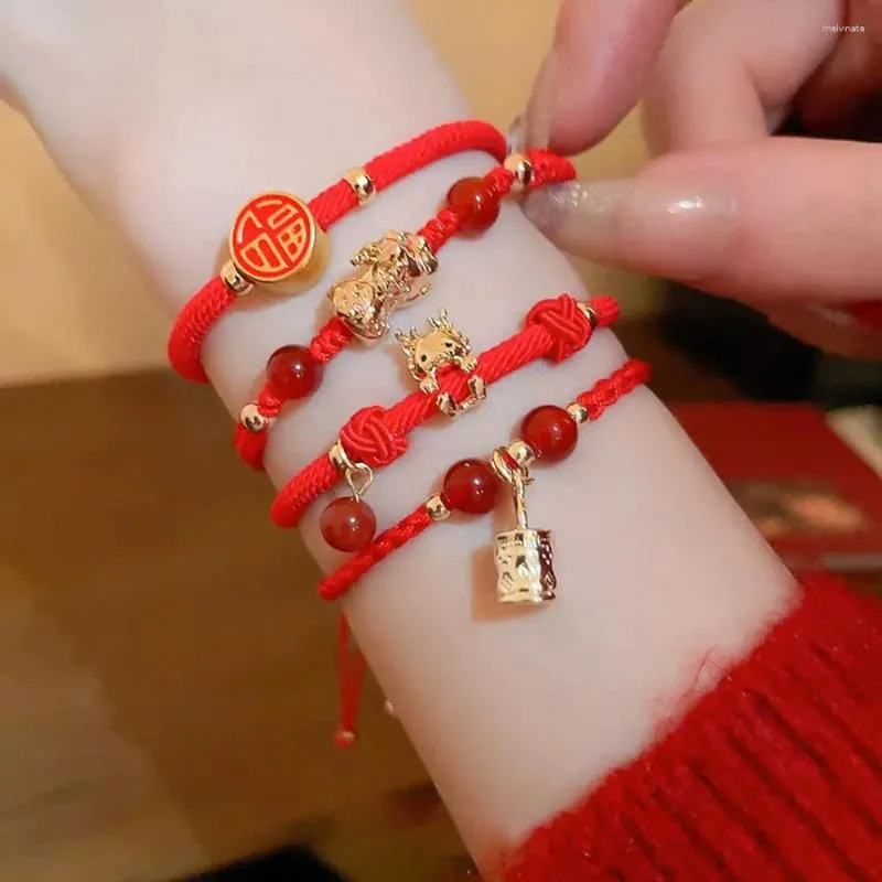 Link Armbanden Handgeweven Voor Vrouwen Hand Touwen Sieraden Chinese Stijl Draak Hanger Rijkdom Fortuin
