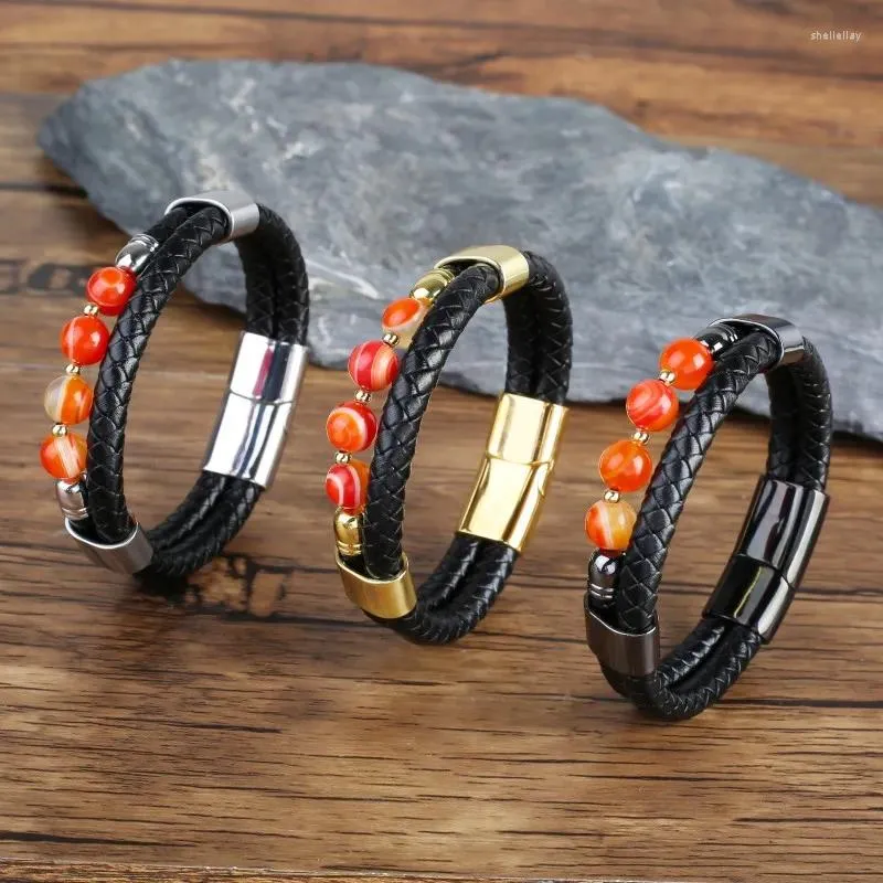 Charme pulseiras encantador estilo punk contas de pedra natural pulseira masculina e feminina exclusivo multi camada de couro genuíno jóias presente