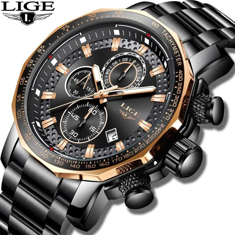 Relogio Masculino LIGE nouveau Sport chronographe hommes montres haut de gamme de luxe en acier pleine horloge à Quartz étanche grand cadran montre hommes T2592