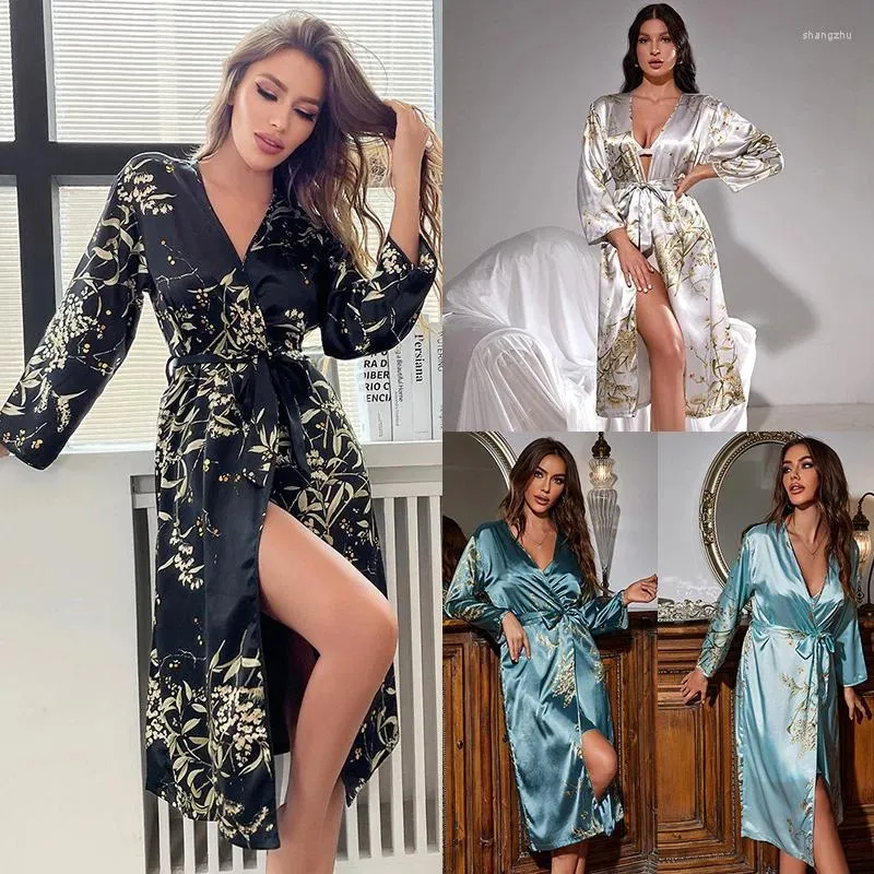 Mulheres sleepwear mulheres cetim de seda manga longa noite saia quimono robe imitação pijama peignoir femme pijama moda camisola sexy