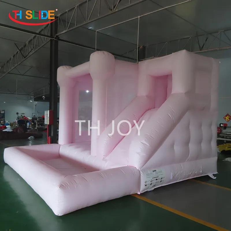Livraison gratuite activités de plein air 4,5 x 4,5 m (15 x 15 pieds) avec souffleur gonflable de mariage château gonflable rose pastel avec combos toboggan et piscine à balles pour la fête