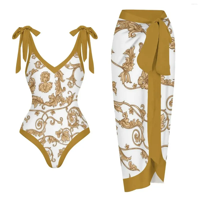 Kvinnors badkläder guldporträtt tryck V-ringning Bikini Set Luxery 2024 Halter Bow Suspender Swimsuit midja Sexig poolbaddräkt sommar