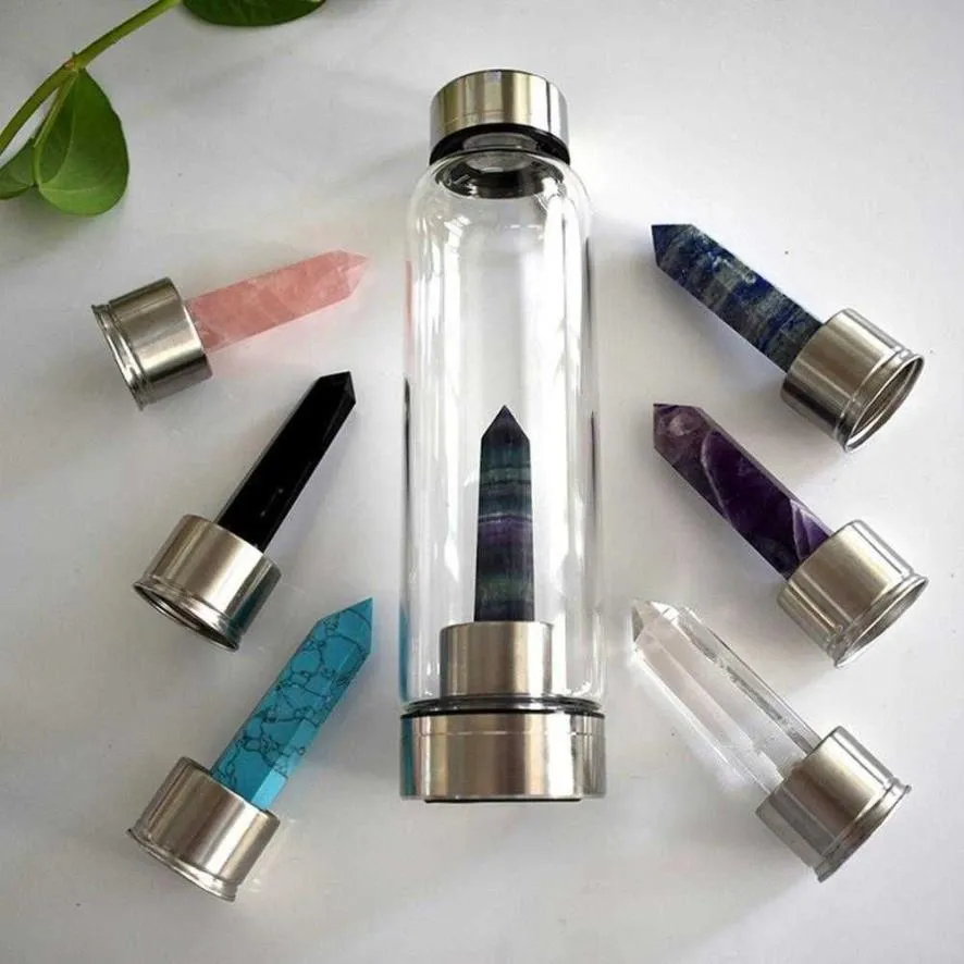 Portable Natural Crystal Point Healing Obelisk Wand Quartz Crystal Water Bottle Tools Home Decor Drop 210610339J