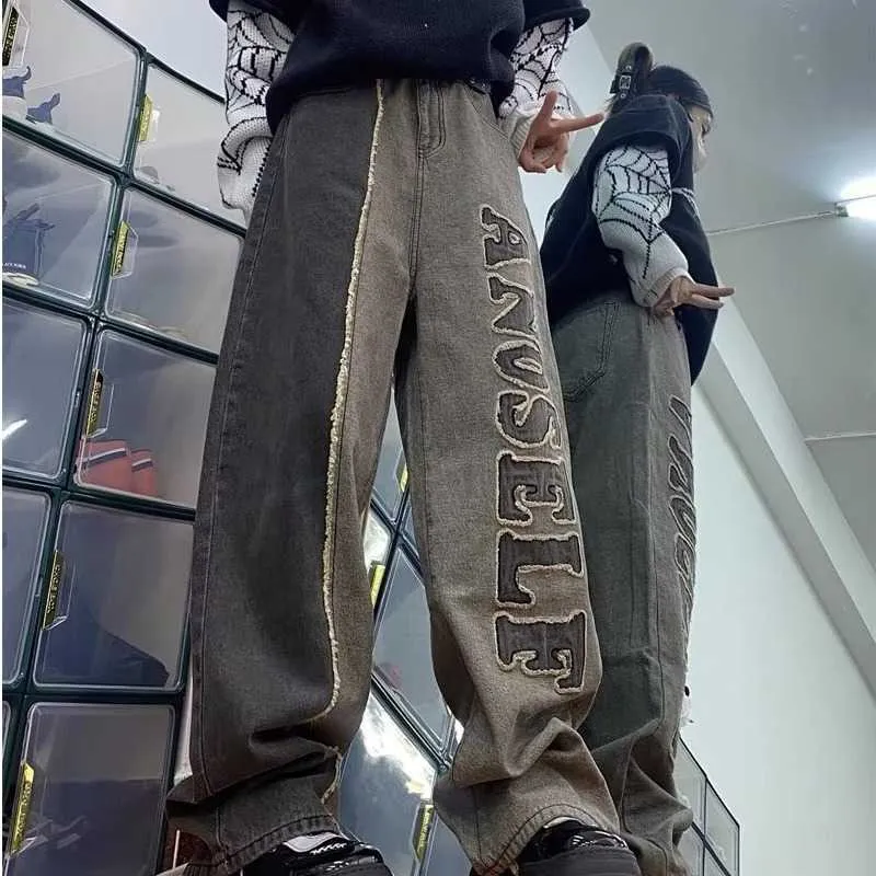 Мужские джинсы с цветком кешью, свободные прямые брюки в стиле хип-хоп, модные широкие брюки с рваными краями в Instagram