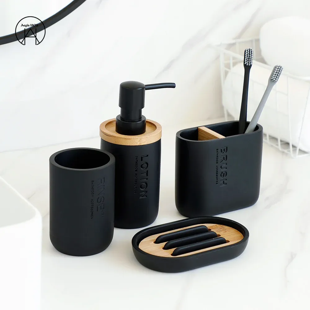 Uppsättningar badrumstillbehör set designer tvål lotion dispenser tandborste hållare tvål skål tumbler flaska munvatten kopp svart och vitt