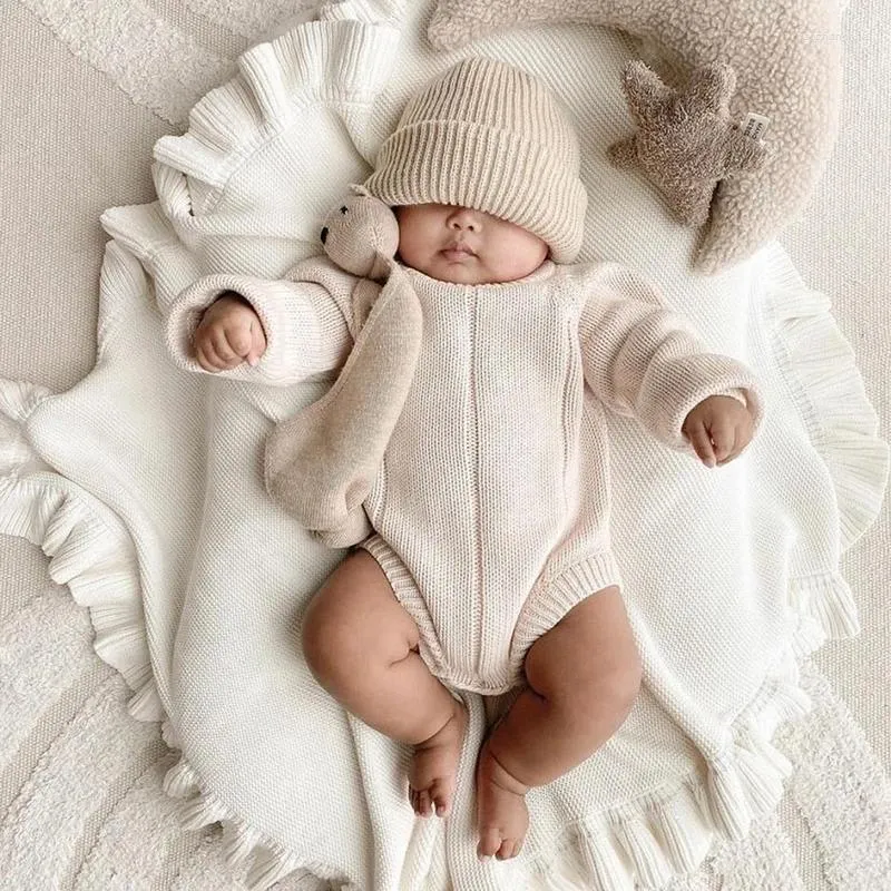 Battaniye örgü bebek kundak arabası battaniye fırfır pamuk tığ işi yün doğdu için yatma aksesuarları