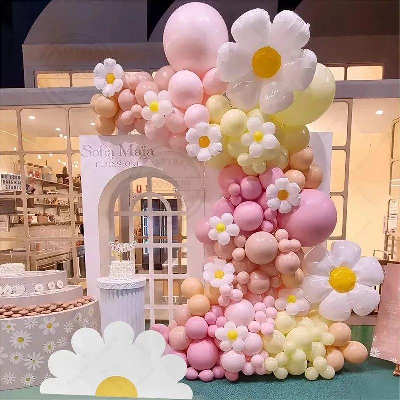 140pcs Daisy Balloon Garland Arch Zestaw Macaron Róż i żółty groovy impreza na baby shower ślub urodziny słonecznika dekoracje 240124