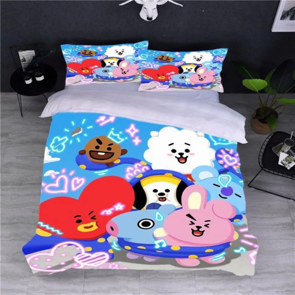 만화 BTS 3D 디자인 침구 세트 마이크로 화이버 이불 커버 세트 TEENS GIRLS BOYS COMFORTER COVER 및 PIMLOWCASES 지퍼 클로저 235Q