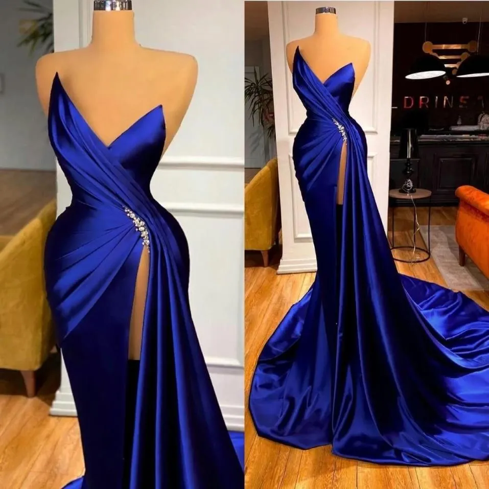 Robes de soirée bleu royal Designer 2021 sirène satin sans manches haute fente sur mesure plus taille occasion formelle porter arabe Cry267x