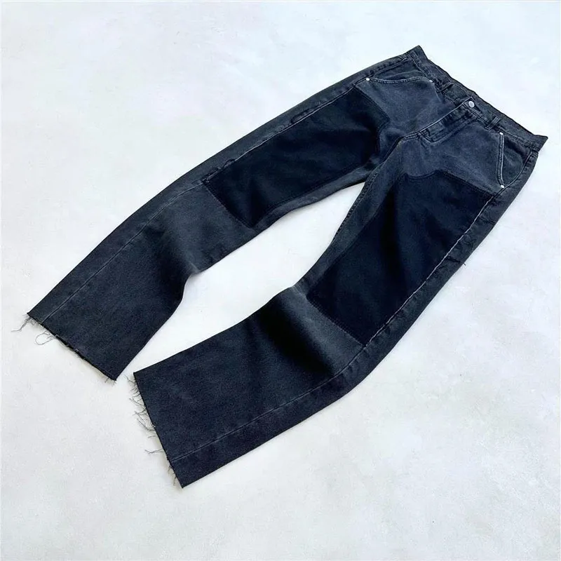 Jeans Vintage Casual Patchwork Multiple Pockets Straight Pants Men Women Clothing Fall Winter Trousers