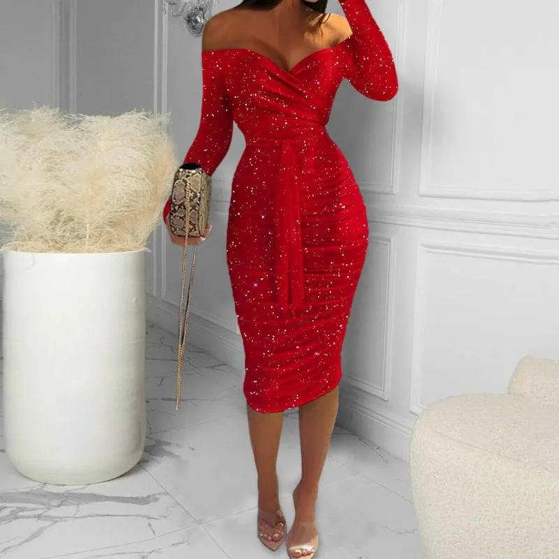 Casual Dresses Sexy Off Shoulder Strapless Dress Women's Fall Elegant Fashion Pet Up Long Sleeve Women Strap Red Club Party Bodycon