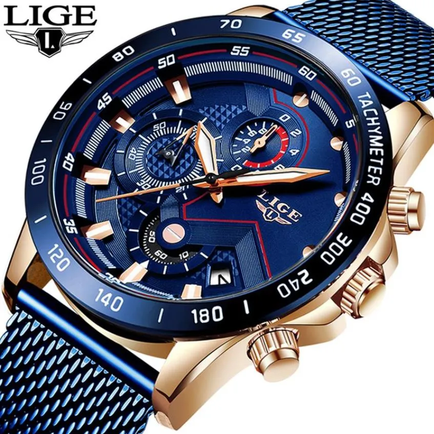 2019 LIGE nuevo reloj informal para hombre, Relojes de pulsera de cuarzo con fecha, cronógrafo deportivo, reloj con correa de malla azul a la moda, Relojes Hombre323T