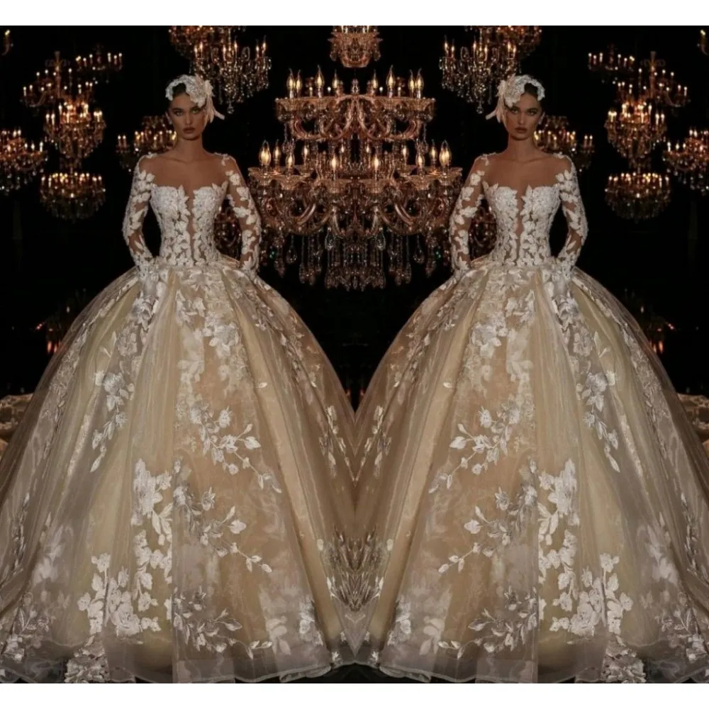 Long Sleeve Ball Gown Wedding Dress with Illusion Back Beading and Appliques